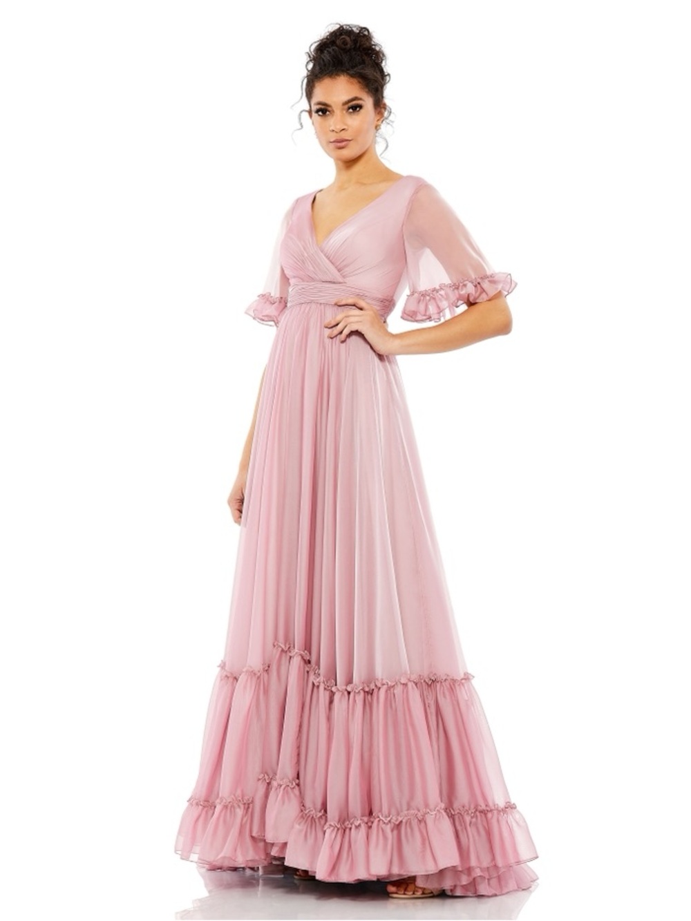 Mac Duggal 93679 Butterfly Ruffle Trimmed Sleeve Wrap Over Flowy Gown 70243 $398